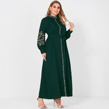 2022 New Summer Dress Woman Plus Size Dark Green Resort Stand Collar Floral Embroidery Long Sleeve Loose Sashes Elegant Robes