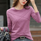 2022 Ribbed Sping Fashion Bamboo Cotton T-Shirt Autumn Women O-Neck Loose Simple Purple Tshirt Long Sleeve Ladies Green Cozy Top