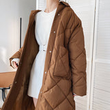 2021 Winter New Korean Style Long Cotton-padded Coat Women's Casual Stand-up Collar Argyle Pattern Oversized Parka Chic Jacket