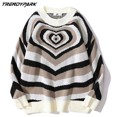 2021 Men's Pullovers Sweaters Creative Stripes Heart Knitted Streetwear Oversized Harajuku O Neck Knitwear Men Clothing image