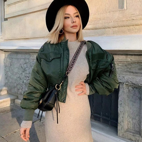 2020 stylish lady autumn winter za green short jackets women fashion long sleeve zipper bomber jacket outwear women's coat image