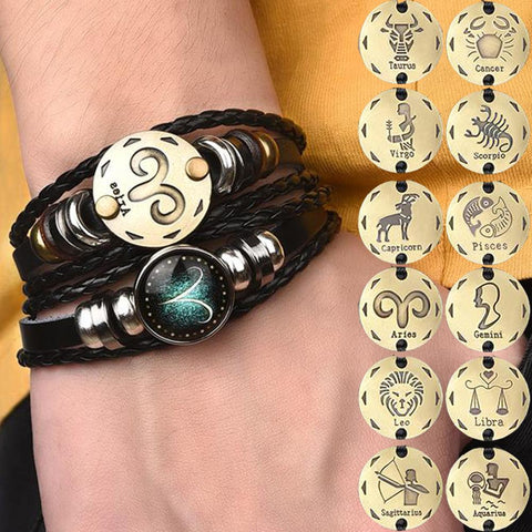 2pcs/set 12 Constellation Bracelets Luminous Charm Leather Bracelet Zodiac Horoscope Braided Bangle Men Women Jewelry Wrist Gift image