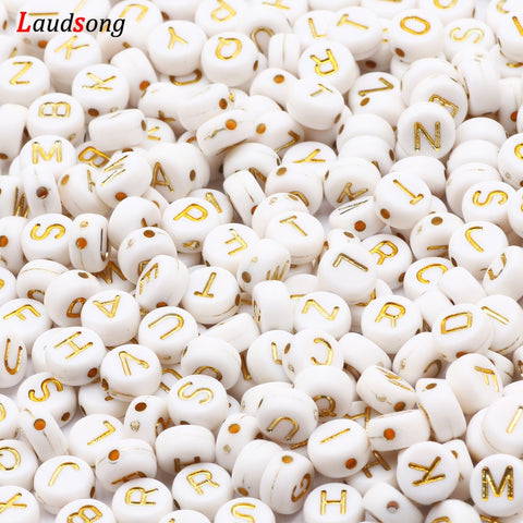 7mm White And Gold Mixed Letter Acrylic Beads Round Flat Alphabet Loose Beads For Jewelry Making Handmade Diy Bracelet Necklace image