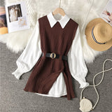 2021 spring autumn women's lantern sleeve shirt knitted vest two piece sets of College style waistband vest two sets top UK900