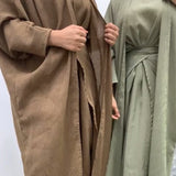 3 Piece Matching Set Women Muslim Linene Dubai Arabic Modest Outfit Plain Kimono Open Abaya Maxi Dress Wrap Front Skirt Long Eid