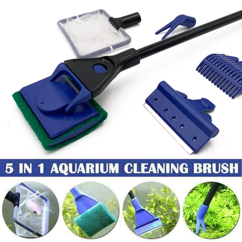 5 in 1 Aquarium Cleaning Tools Aquarium Tank Clean Set Fish Net Gravel Rake Algae Scraper Fork Sponge Brush Glass Cleaner image