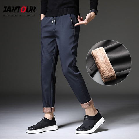 2022 New Mens Winter Light Fleece Warm Pants Men Korean Casual Slacks Slim Warm Thick Pants for Male Black Gray Trousers 28-38 image