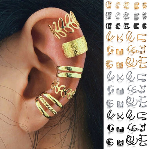 17KM Gold Leaves Ear Cuff Black Non-Piercing Ear Clips Fake Cartilage Earrings Clip Earrings For Women Men Wholesale Jewelry image