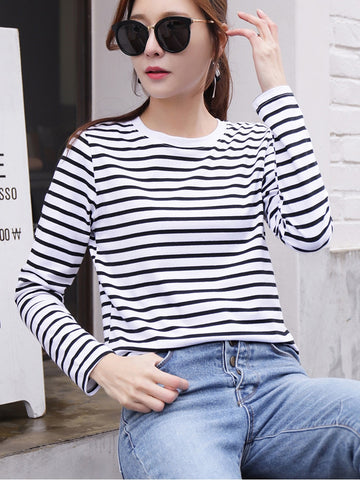 2021 Women's Autumn Long Sleeve T Shirt O-Neck Striped Cotton Tops For  Women Casual T-Shirts Plus Size 3XL Women Tees Blusa image