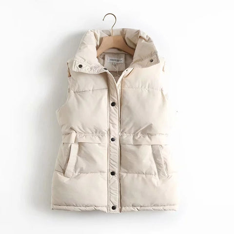 2022 Autumn Winter Women Solid Loose Vest Drawstring Stand Collar Long Vest Jacket  Cotton Padded Women Windproof Warm Waistcoat image