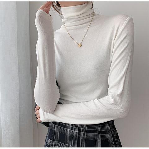 2021 Autumn Women Pullover Tops Female Knitted Sweaters Solid Concise Turtleneck Elasticity Elegant Office Lady Casual All Match image