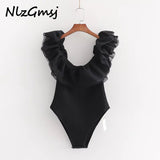 2020 za bodysuits women england office lady simple elastic sleeveless black velvet and gauze Splicing bow bodysuits women tops