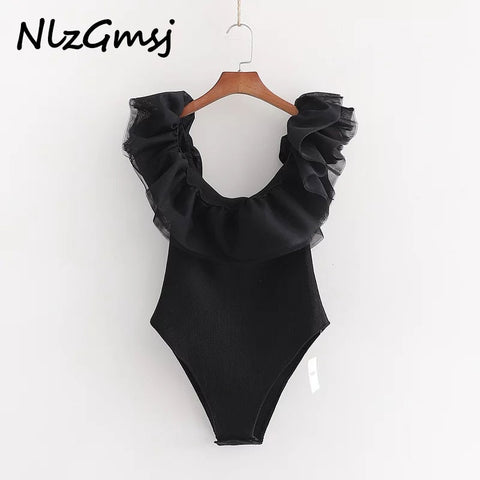 2020 za bodysuits women england office lady simple elastic sleeveless black velvet and gauze Splicing bow bodysuits women tops image