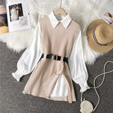 2021 spring autumn women's lantern sleeve shirt knitted vest two piece sets of College style waistband vest two sets top UK900