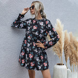 2022 New Autumn Winter Fashion Floral Dress Women Casual Full Sleeve High Waist Loose Print Dress