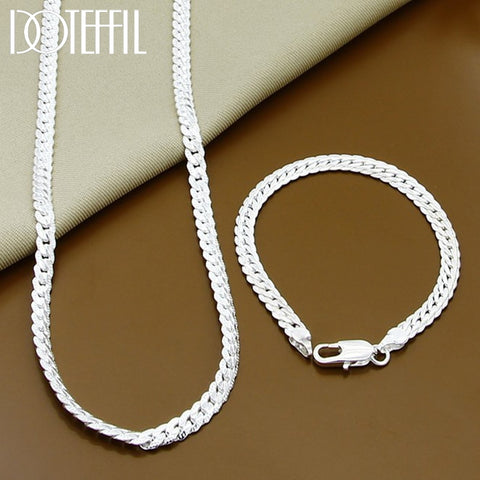 2 Piece 6MM Full Sideways Chain 925 Sterling Silver Necklace Bracelet Fashion Jewelry For Women Men Link Chain Sets Wedding Gift image