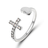 1PC Silver Color Alloy Cross Heart Rhinestone Mosaic Opening Ring Simple Round Single Row Zircon Rings Fashion Party Jewelry