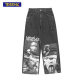 2021 Streetwear Abstract Funny Jeans Patchwork Printed Hip Hop Wide Leg Pants Men Hip Hop Jeans Men High Street Pants