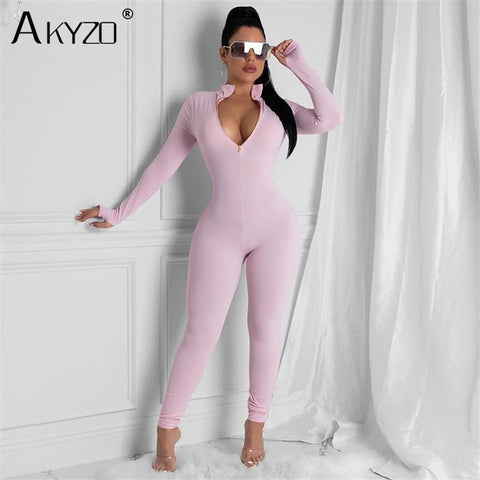 2022 Fashion Women Pink Outfit Jumpsuit Long Sleeve Zipper Adjustable Sexy Bodysuit Party Night Workout Jumpsuit for Lady image