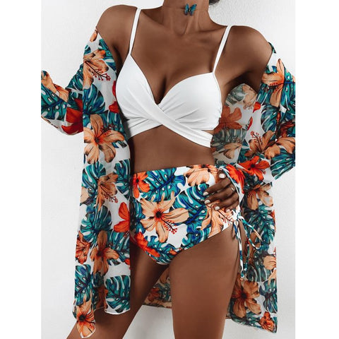 2021 New Sexy Three Pieces Bikini Set Cover Up Swimwear Women Swimsuit Print Long Sleeve Bathing Suit Beachwear Swimming Biquini image