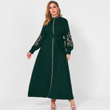 2022 New Summer Dress Woman Plus Size Dark Green Resort Stand Collar Floral Embroidery Long Sleeve Loose Sashes Elegant Robes