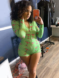 2020 Onesies Adult Long Sleeve V-neck Bodycon Jumpsuits Spring Fashion Green Print Overall Sexy Party Clubwear Outfits Body Suit