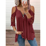 2021 Summer New Lace Petal Half Sleeve Zipper Ladies T-Shirt for women Oversize Off Shoulder V-Neck Loose Casual Top Tee Tunic