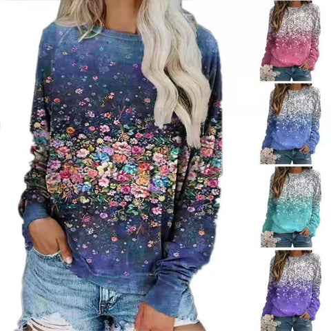 2021 Autumn and Winter New Ladies Top Printed T-shirt Round Neck Long-sleeved Loose Women's Tops Casual Hedging T-shirt Woman image