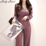 2020 Summer High Quality Double Breasted V Collar Office Women Cloth Long Pant Slim High Waist Overalls Work Casual Jumpsuits