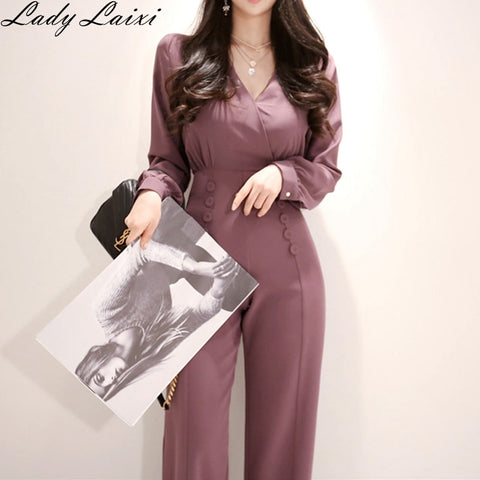 2020 Summer High Quality Double Breasted V Collar Office Women Cloth Long Pant Slim High Waist Overalls Work Casual Jumpsuits image