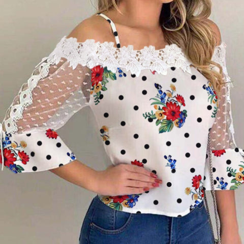 2020 Autumn Women Elegant Stylish Party Top Female Fashion Basic Casual Shirt Cold Shoulder Mesh Insert Dots Floral Print Blouse image