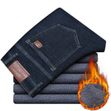 2020 Winter New Men&#39;s Warm Jeans Business Fashion Classic Style Black Blue Denim Straight Fleece Thick Pants Male Brand Trousers