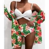 2021 New Sexy Three Pieces Bikini Set Cover Up Swimwear Women Swimsuit Print Long Sleeve Bathing Suit Beachwear Swimming Biquini