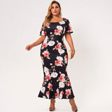 2022 New Summer Maxi Dress Women Plus Size Black Floral Print Short Sleeve Ruffle Hem Square Collar Slim Elegant Mermaid Robes