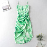 2020 Women Vintage Yellow Tie dye Flower print  Spaghetti Strap Dress Hem Slim Waist Slit Irregular Long Dresses Sling Vestido