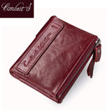 2022 Fashion Genuine Leather Women Wallet Bi-fold Wallets Red ID Card Holder Coin Purse With Double Zipper Small Women&#39;s Purse