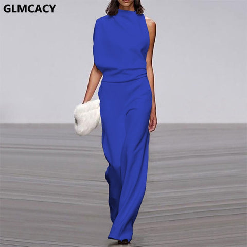 12 Colors Women Elegant Solid One Shoulder Long Jumpsuit Ladies Romper Loose Overalls Fashion Wide Leg Workwear image