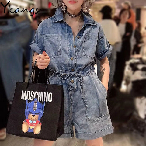 2020 Summer Women Overalls High Waist Drawstring Jean BF Loose Leg Playsuit Lapel Pocket Shorts Jumpsuit Denim Casual Streetwear image