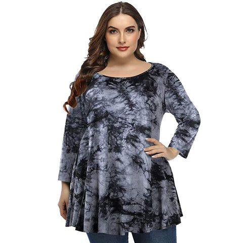 4XL 5XL Plus Size Tops Women 2021 Spring Autumn O Neck Long Sleeve Tie Dye Print Retro Vintage Blouse Loose Big Size Long Blouse image