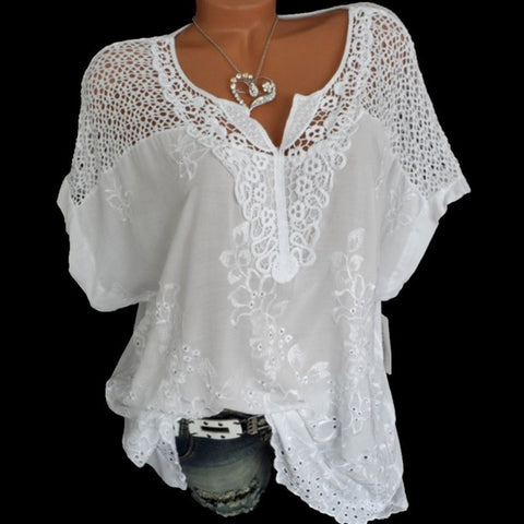 2021 Summer Short Sleeve Womens Blouses And Tops Loose White Lace Patchwork Shirt Plus Size 4xl 5xl Women Tops Casual Clothes image