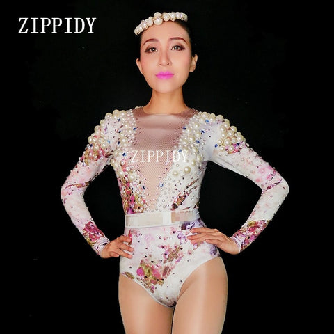 2018 New Flowers Big Pearls Bodysuit Birthday Celebrate outfit Stretch Sexy Dance Leotard Stage Performance Costume image