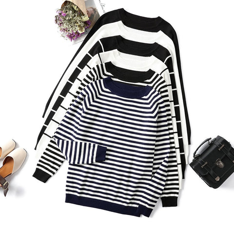 2021 Autumn Winter Long Sleeve Striped Pullover Women Sweater Knitted Sweaters O-Neck Tops Korean Pull Femme Jumper Female White image