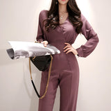 2020 Summer High Quality Double Breasted V Collar Office Women Cloth Long Pant Slim High Waist Overalls Work Casual Jumpsuits