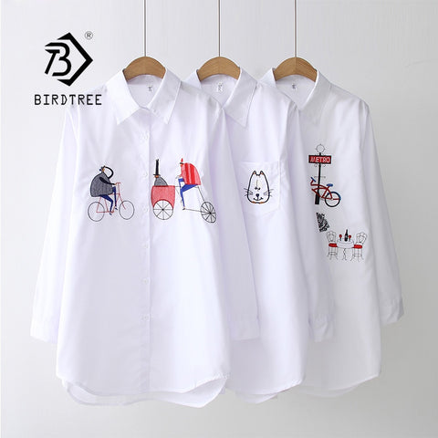 2020 NEW White Shirt Casual Wear Button Up Turn Down Collar Long Sleeve Cotton Blouse Embroidery Feminina HOT Sale T8D427M image