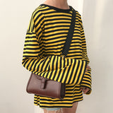 2021 New Vintage Fashion Basic Loose Casual Striped All Match Simple Long Sleeve Female T-shirts