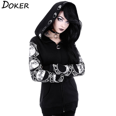 5XL Gothic Punk Women Print Long Sleeve Hoodies Sweatshirts Casual Zipper Jacket Hooded Tops Female Autumn Winter Black Hoodies. image