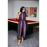 2018 Women Sexy Jumpsuits Striped Ruffles Details Bodycon Jumpsuit Sleeveless Full-length Skinny Jumpsuit Night Club