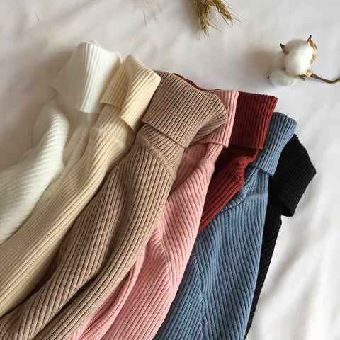 2021 Autumn Winter Thick Sweater Women Knitted Ribbed Pullover Sweater Long Sleeve Turtleneck Slim Jumper Soft Warm Pull Femme image