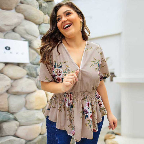 2021 Summer Plus Size Blouse Women Elegant Boho Floral Blouse Shirt Women V-neck Short Sleeve Oversized Blouse Ladies 3XL 4XL image