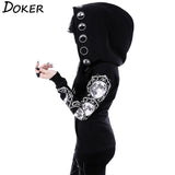 5XL Gothic Punk Women Print Long Sleeve Hoodies Sweatshirts Casual Zipper Jacket Hooded Tops Female Autumn Winter Black Hoodies.